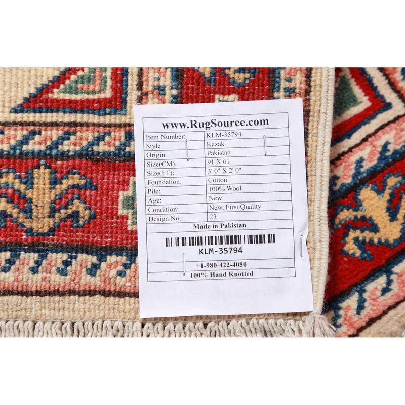 Ivory Kazak Oriental Accent Foyer Rug Handmade Wool Carpet - 2'0"x 3'0"