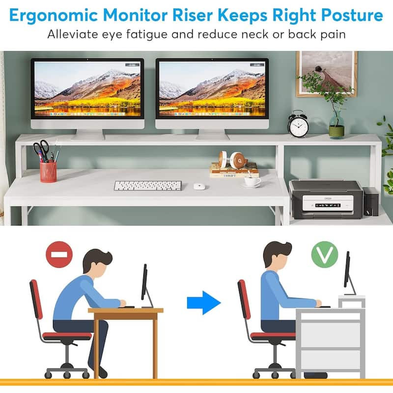 Ergonomic Computer Desk with Elevated Monitor Stand Two Tier Desktop and File Cabinet Sturdy