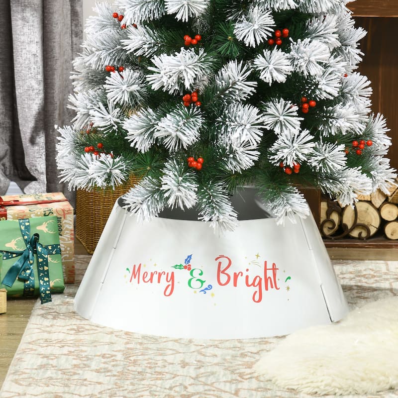 Cream White Christmas Tree Collar with Merry & Bright Letters and Metal Base Cover for Holiday Decor - 26" x 11" H