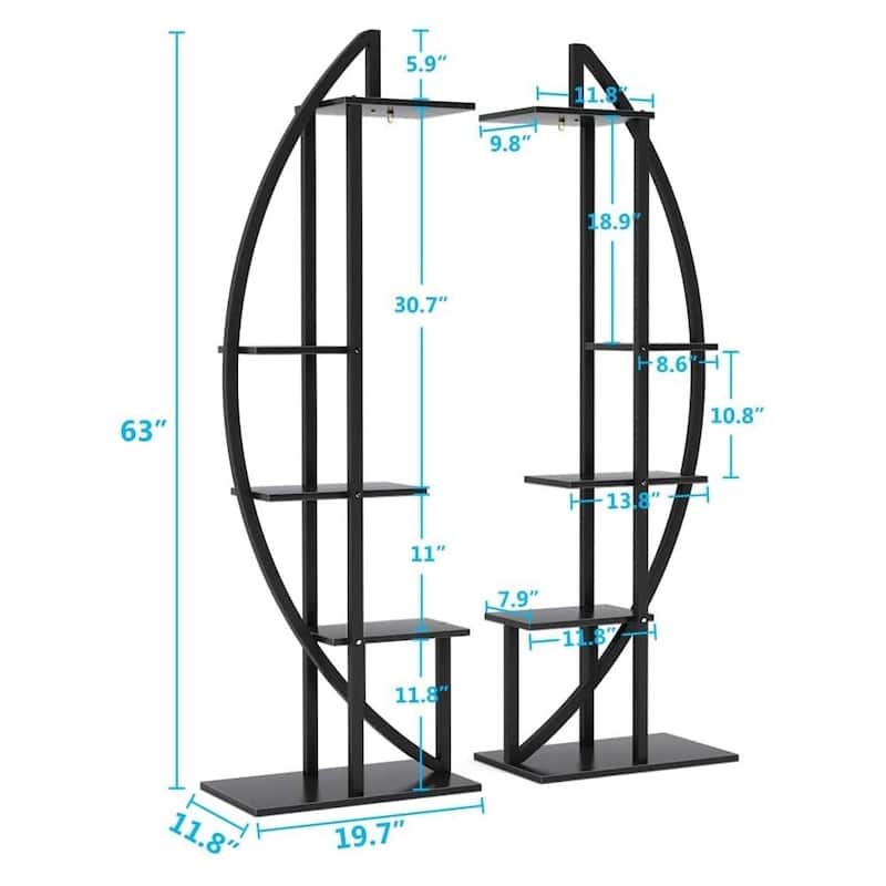 Black-Brown Wood Metal 10-Tier Curved Plant Display Shelf Stand - 19.7" x 11.8" x 63"