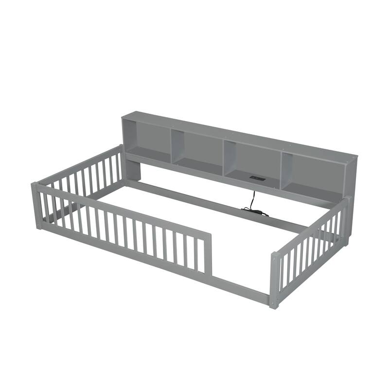 Twin XL Size Floor Bed with Built-in Storage Cabinets, USB Ports, and Charging Station, Perfect for Kids and Small Rooms