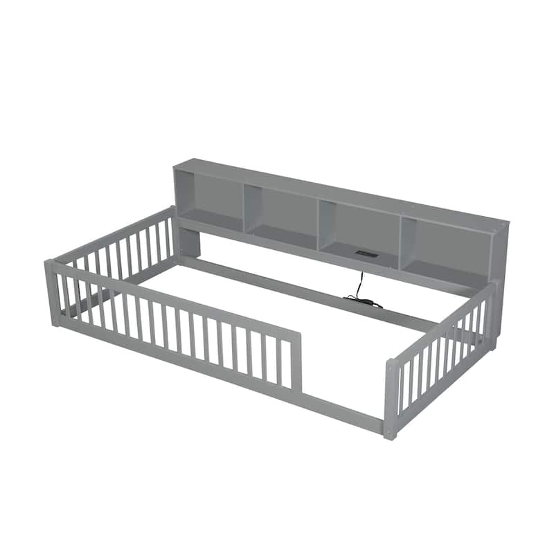 Wood Twin XL Size Floor Bed with Storage Cabinets and USB Ports, Solid Wood Bedframe w/Fence, No Box Spring Needed