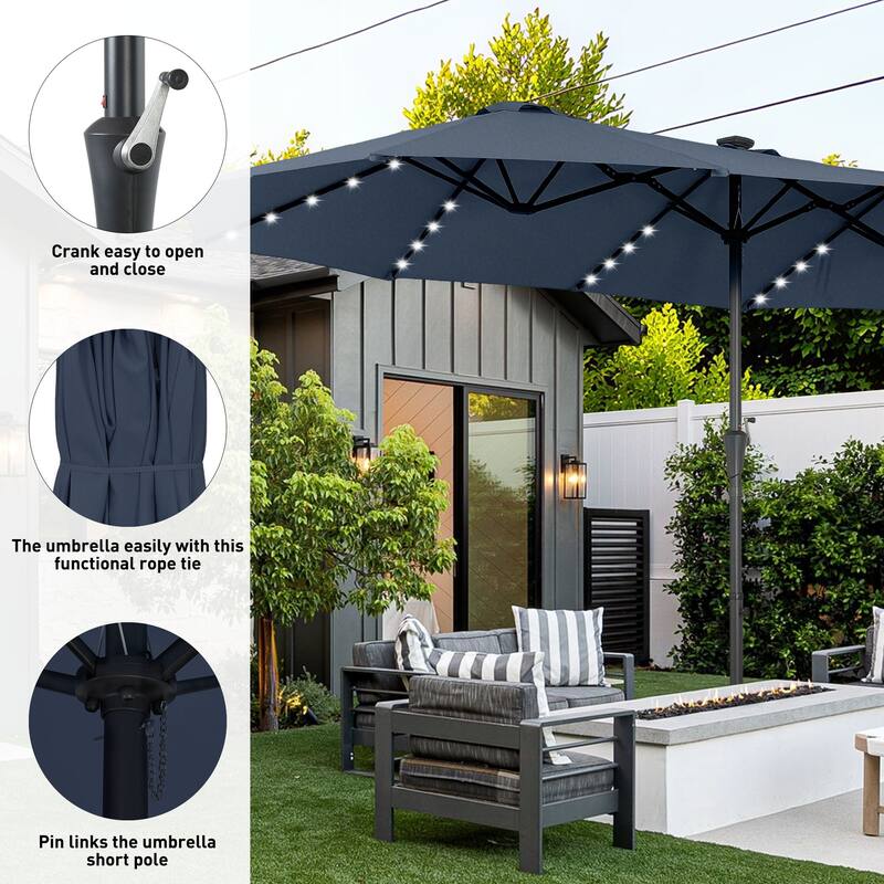 15ft Patio Umbrella Outdoor Market Umbrella with Base and LED Lights