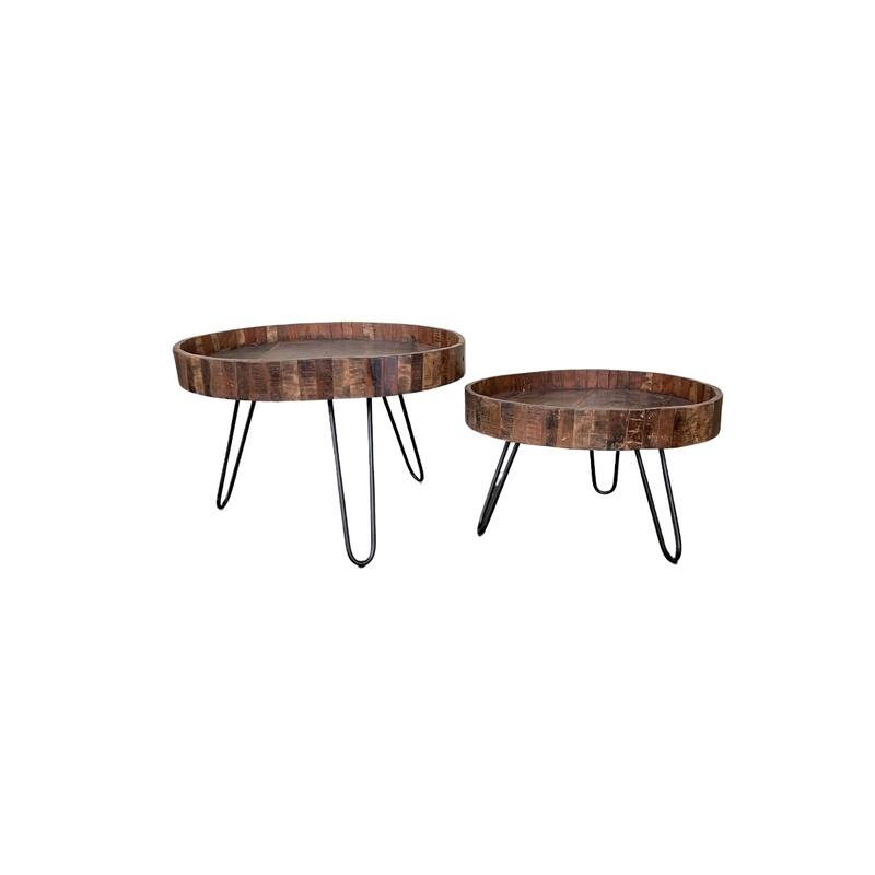 Set of 2 Rustic Round Wood End Nesting Tables with Black Iron Base and Natural Finish for Living Room - 29.5”L x 29.5”W x 20”H
