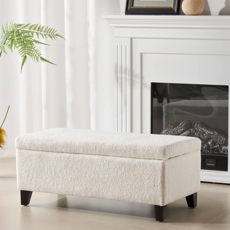Storage Ottoman with Flip-Top Lid, Easy Assembly, Boucle Fabric & Birch Wood Legs, White - Dark Brown,White