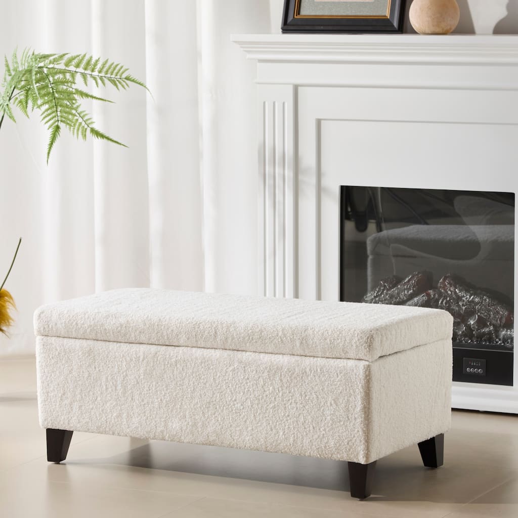 Storage Ottoman with Flip-Top Lid, Easy Assembly, Boucle Fabric & Birch Wood Legs, White