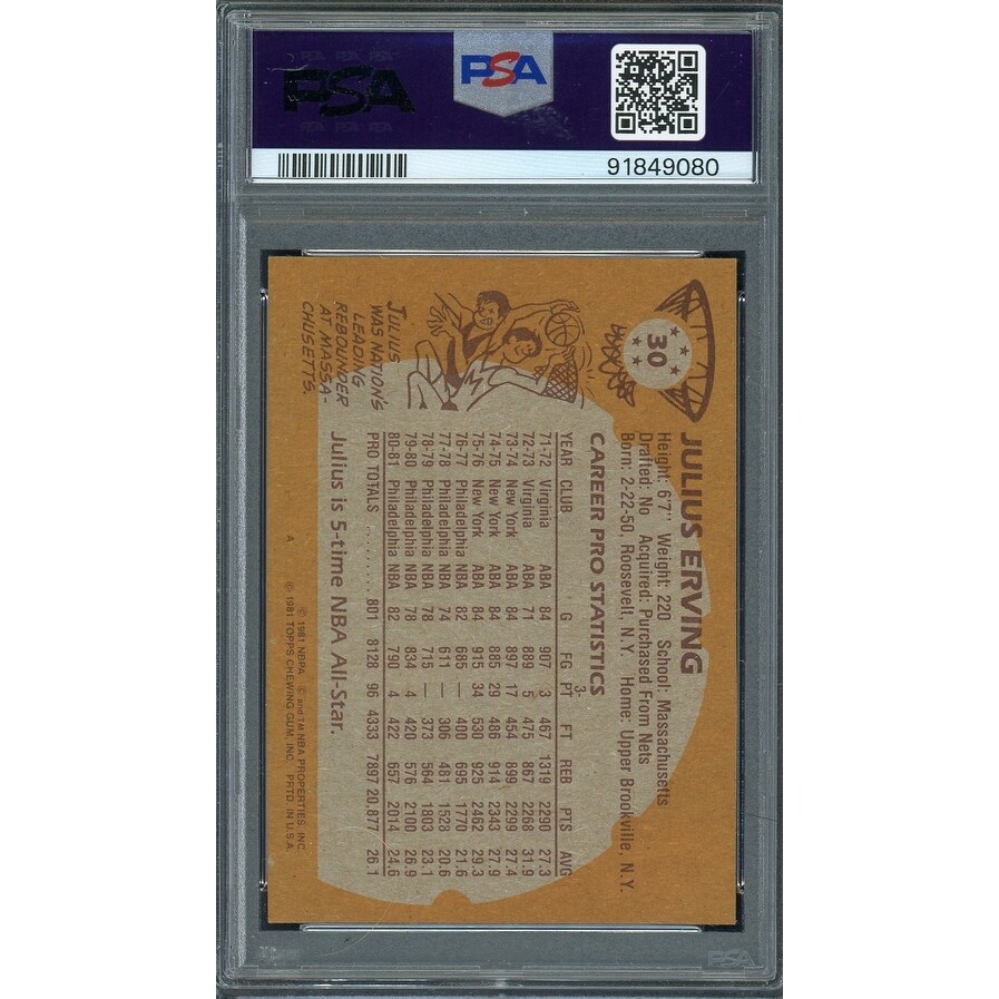 Carte De Basket Julius Erving 'Dr J' Signée 1981 Topps #30 - Classée PSA 7 - Authentifiée