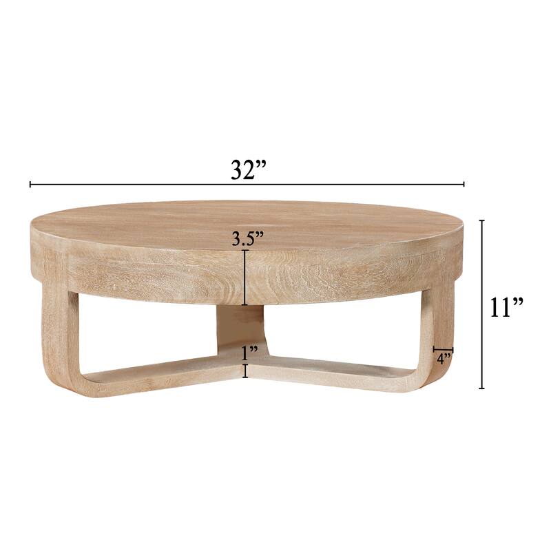 Milan Coffee Table, 32 Inch Round Top, Mango Wood with Sandblasted Natural Brown, Open Sled Base