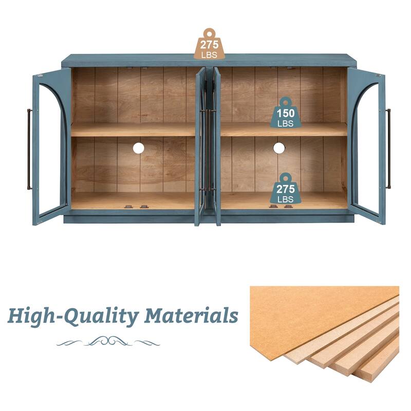 4-Door Large Storage Sideboard with Arched Glass Doors and Metal Handles, Wooden Buffet Storage Cabinet with Adjustable Shelves