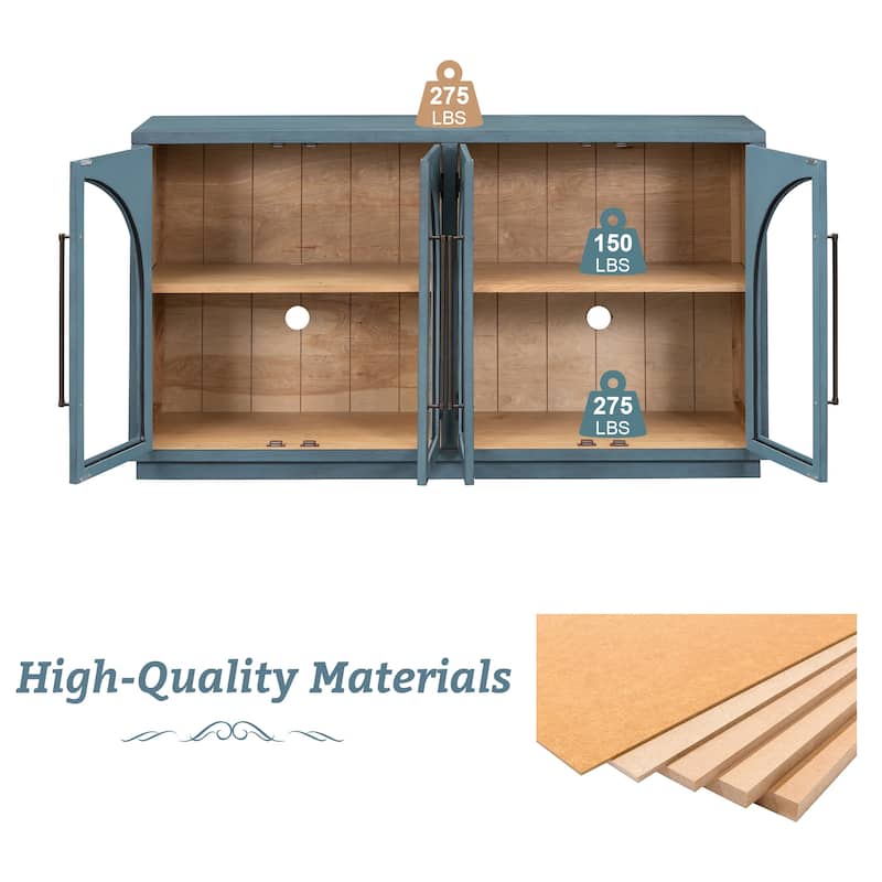Four-Door Arched Buffet Sideboard with Glass Fronts and Adjustable Shelving, Ideal for Kitchen, Dining, or Living Room Storage.