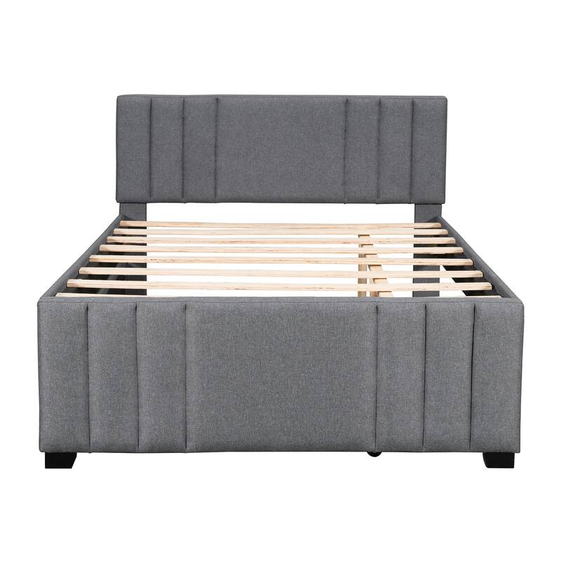 Wooden Bed Frame, Full Size Low-Profile Platform Bed with Pull-Out Trundle Bed, Upholstered Headboard and Footboard