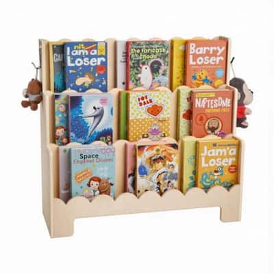 Natural Wood Kids Montessori Bookshelf with 3 Compartments and Side Hooks for Toys and Supplies - 29.53 x 10.63 x 27.56 in