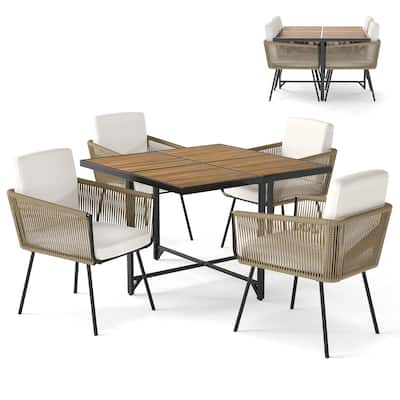 Light Brown Wicker Wood 5 Piece Patio Dining Set with Cushions - Dining Table: 43.5" x 43.5" x 29"