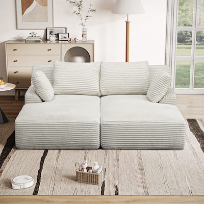 Fluffy Double Chaise Lounge Set Plush Corduroy Sleeper Sofa Bed