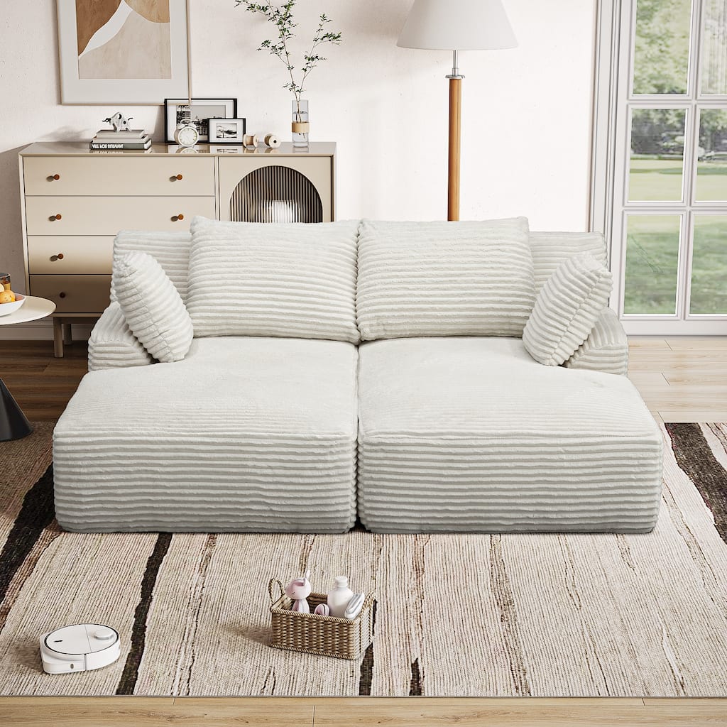 Fluffy Double Chaise Lounge Set Plush Corduroy Sleeper Sofa Bed
