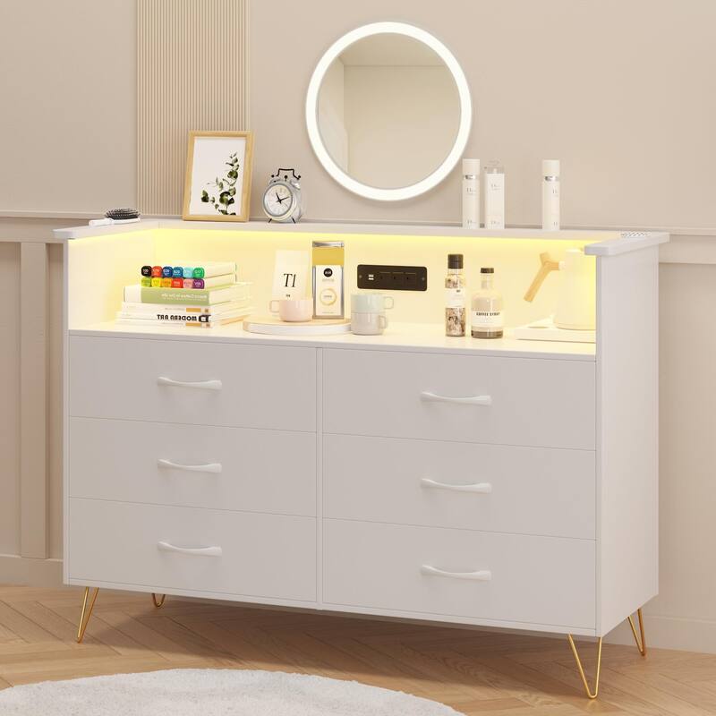 White Dresser with LED Light for Bedroom 6 Drawer - White