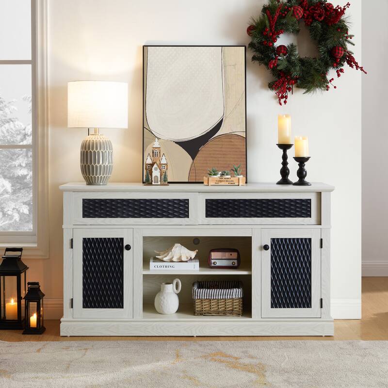 Embossed Pattern TV Stand for TVs Up to 65", Fireplace TV Stand with Storage Cabinet - White - 58"