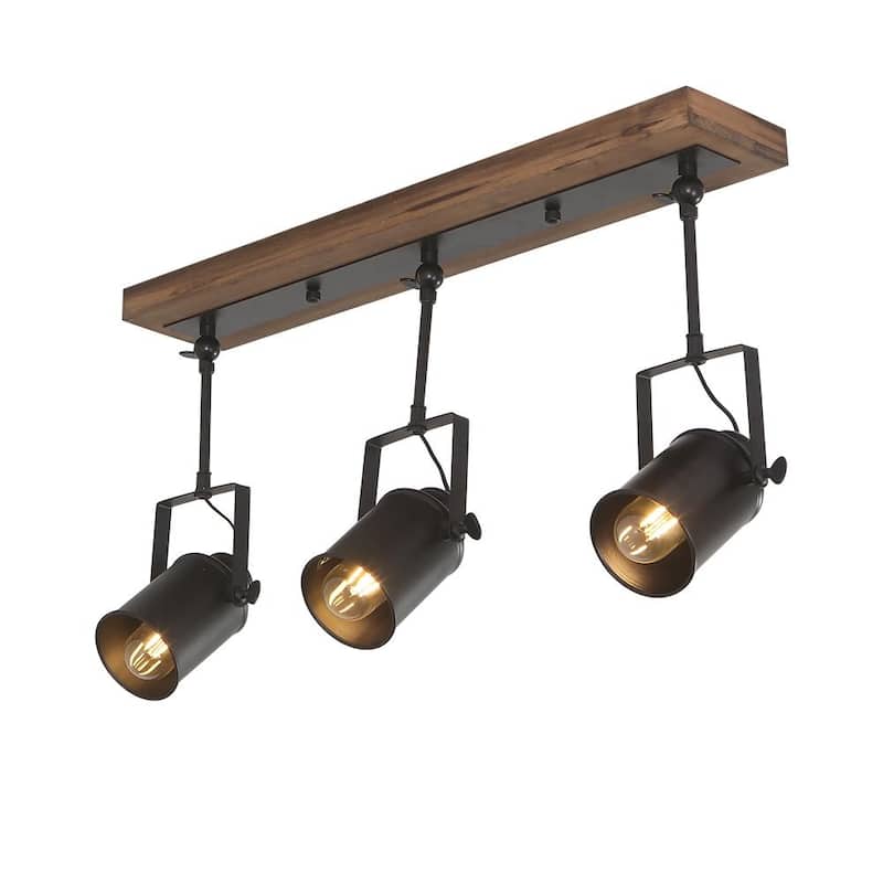 Industrial 3-Light Black Ceiling Track Light - Brown Wood + Black Metal