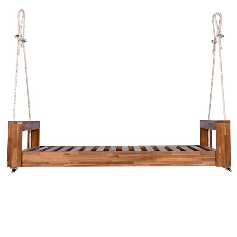 Twin Size Patio Acacia Wood Swing Frame with Hemp Ropes