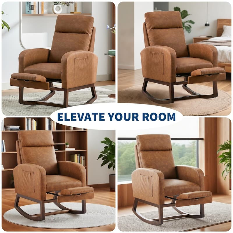 Rocking Chair with Footrest for Nursery, Modern PU Upholstered Glider Accent Armchair with High Backrest