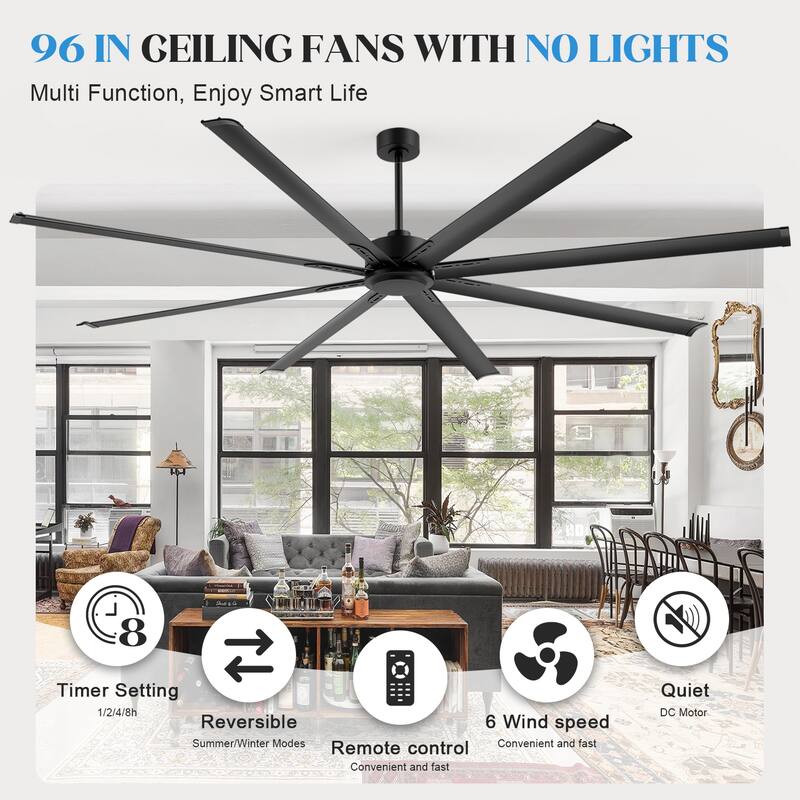 Large 96/120-inch Industrial Ceiling Fan without Light with Remote (6/8-Aluminum Blades)