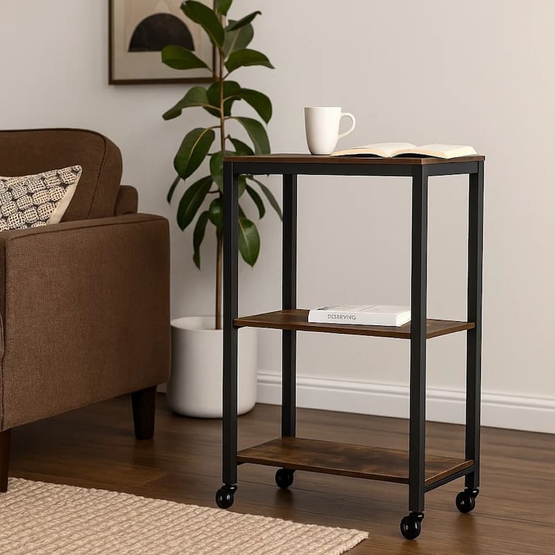 Serving Bar Cart, 2 Storage Shelves, 24 Inch Black Metal