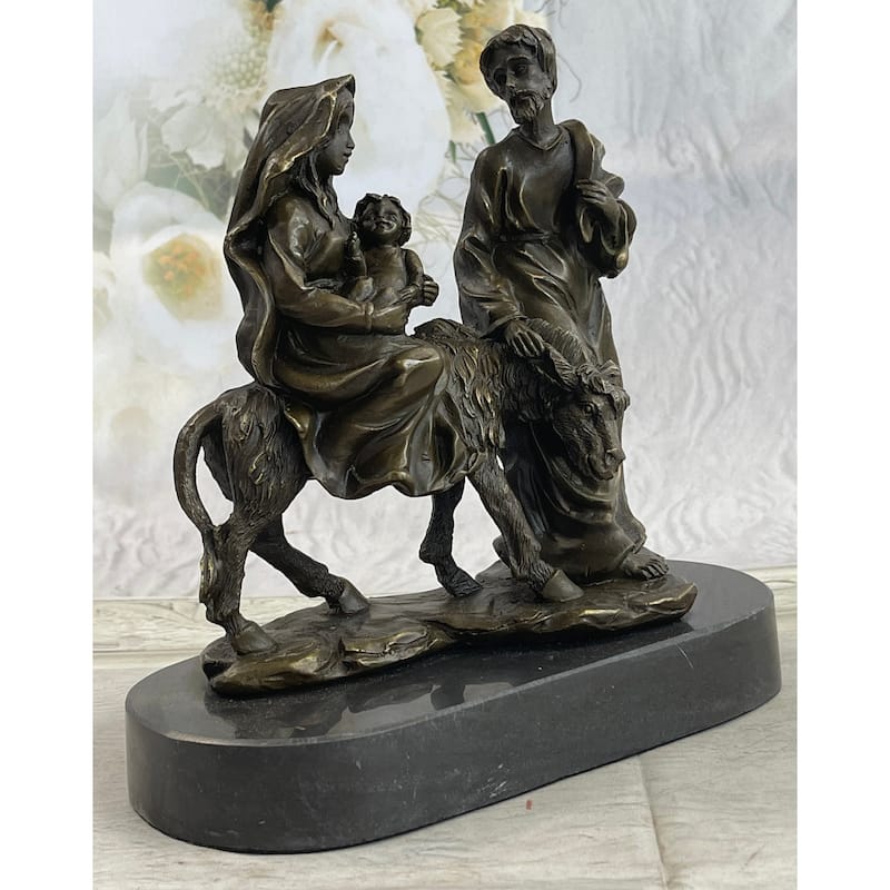 Original Signed Flight Into Egypt Biblical Event Holly Family Bronze Sculpture