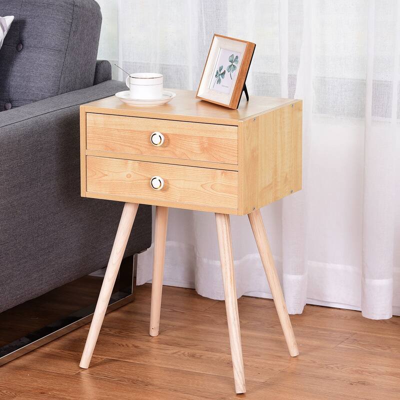 Costway Mid Century Modern 2 Drawers Nightstand In Natural Sofa Side