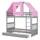 preview thumbnail 4 of 7, Gray+Pink Twin Over Twin Solid Pine Wood House-Shaped Bunk Bed with Tent, Drawers, Convertible to 2 Beds