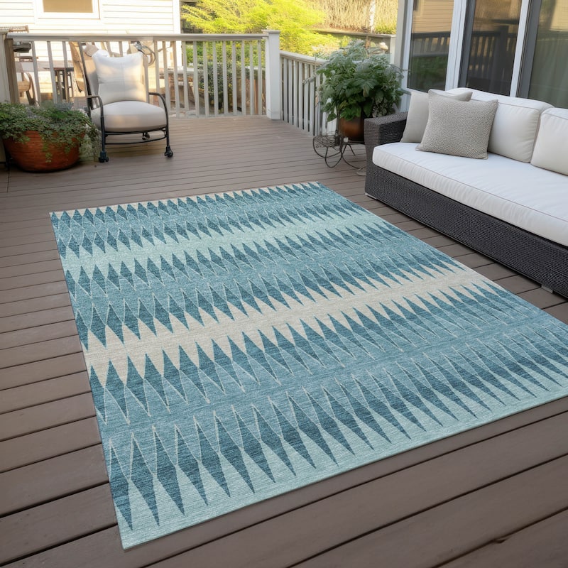 Machine Washable Indoor/ Outdoor Chantille Contemporary Geo Rug - Teal - 9' x 12'