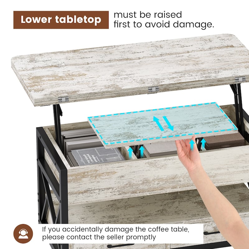 Coffee Table Lift Top 2 Drawers Hidden Compartment for Living Room