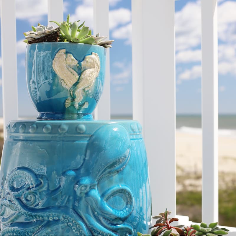 Euro Ceramica Grotto Aqua 7" Seahorse Planter - 7 in. x 6.75 in. x 6.5 in.