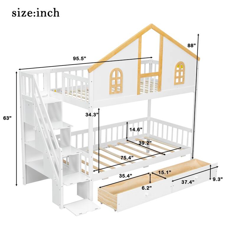 Fairytale Bunk Bed with Window Door House-shaped Roof Frame and Storage Staircase, Optional with Storage Drawers or Trundle Bed