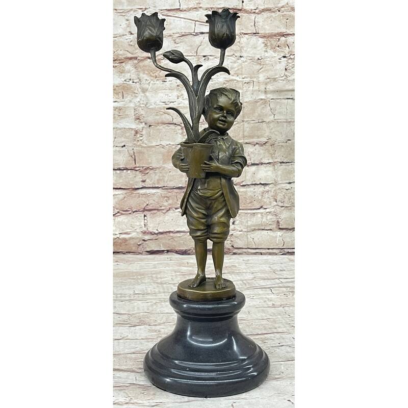 Original Aldo Vitaleh Boy Holding A Tulip Vase Bronze Candle Holder Sculpture