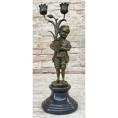 Original Aldo Vitaleh Boy Holding A Tulip Vase Bronze Candle Holder Sculpture