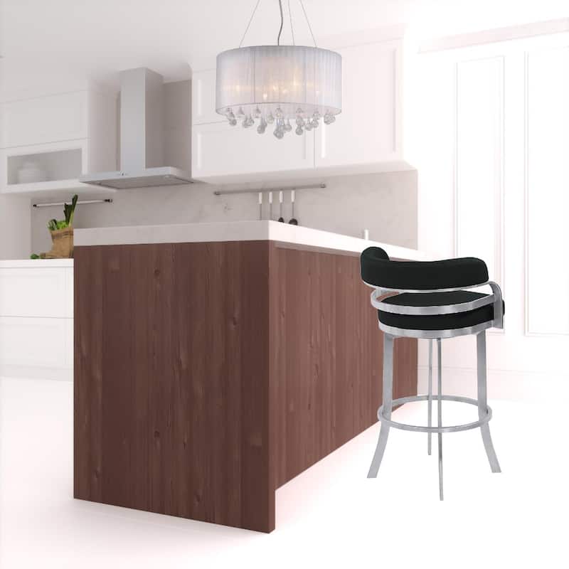 Modern Black Faux Leather Swivel Bar Stool with Arms and Footrest 30" Seat Height Iron Frame - 38" H x 21" W x 22" D