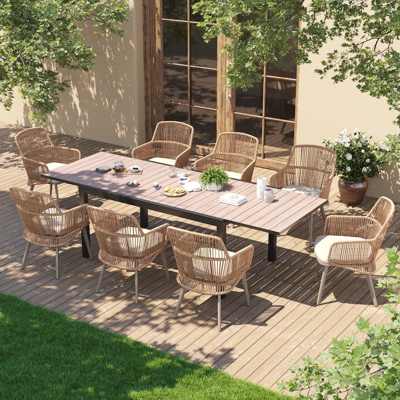 Outdoor Patio Dining Sets with PE Wicker Chairs and Extendable Aluminum Dining Table for 8 Persons