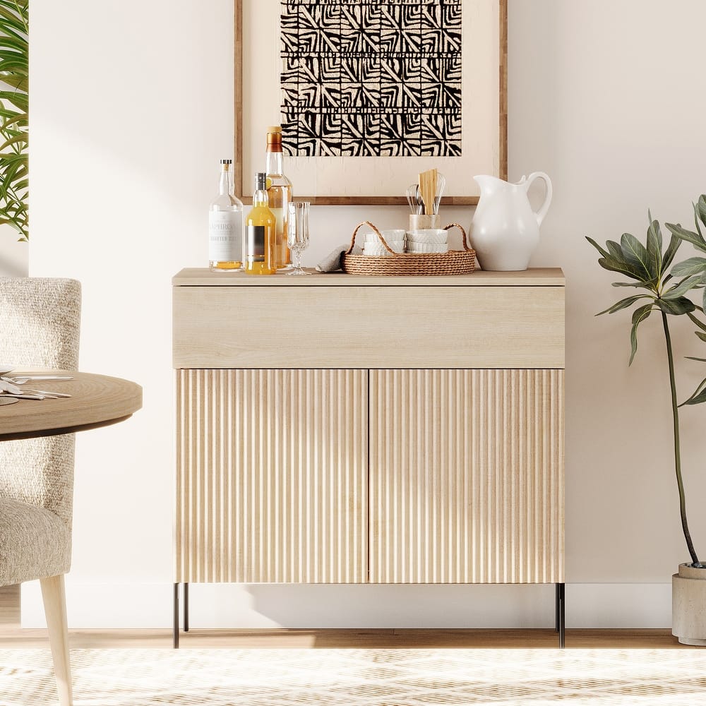 31.5" Wooden Reeded Sideboard With Doors And Drawer, Modern Credenza Storage Cabinet