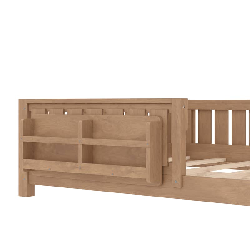 Low Profile Montessori Bed Floor Platform Bed with Fence and Bookshelf