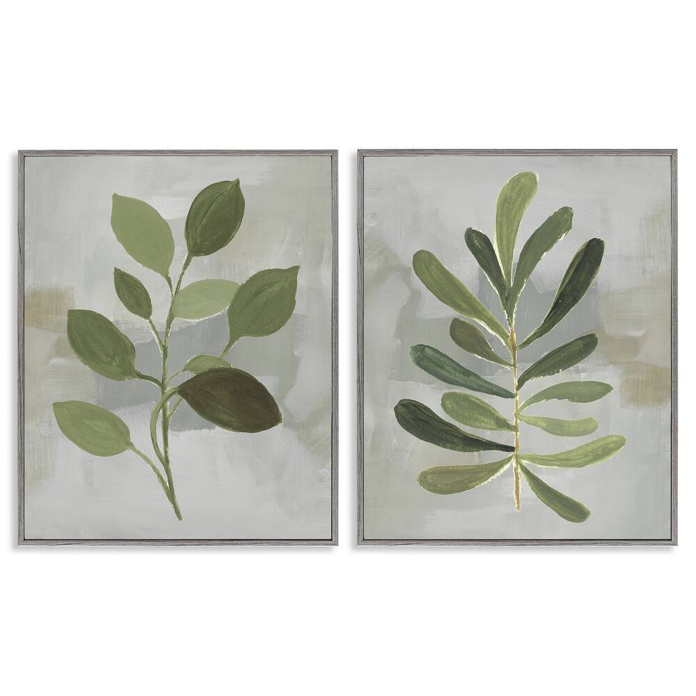 Stupell Green Leaf Branches on Grey Framed Giclee Art Design By Lanie Loreth (Set of 2)