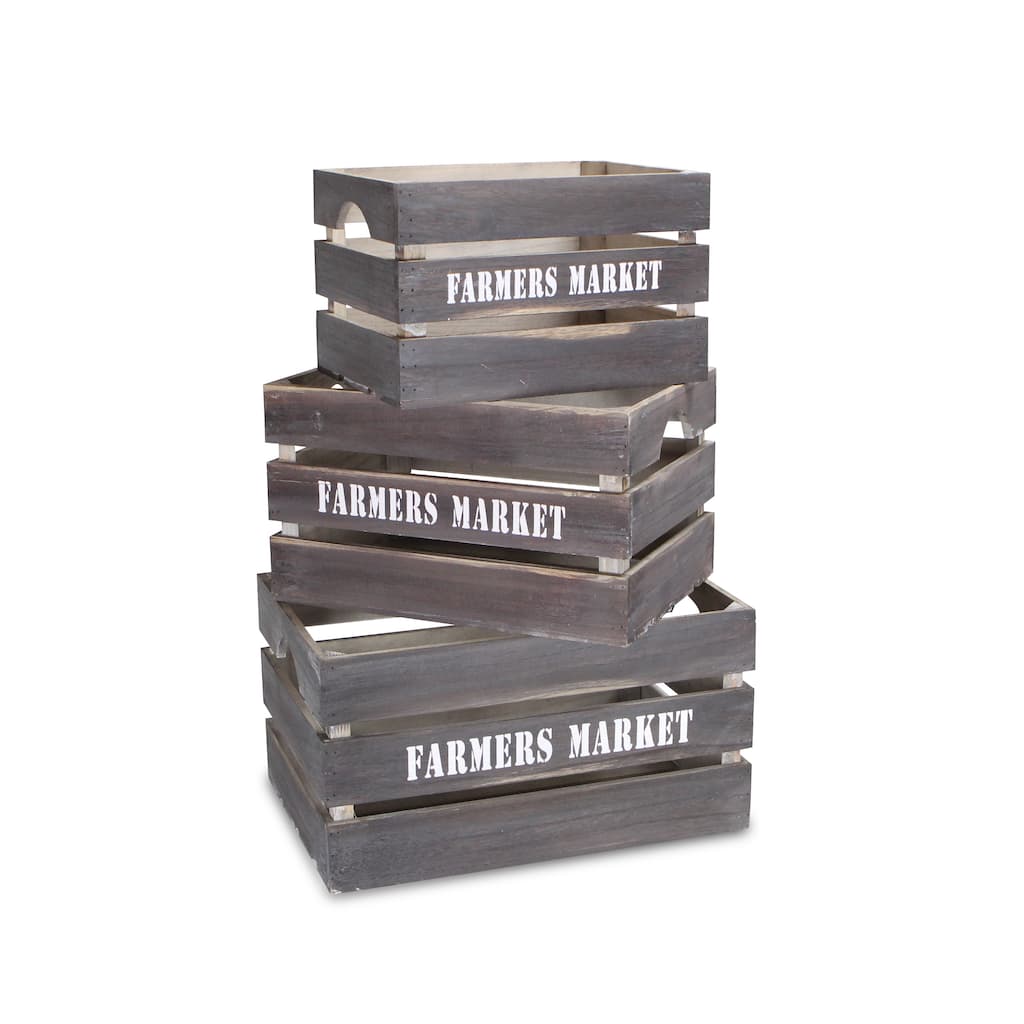 Brown Wood Farmers Market Labeled Crates (Set of 3)