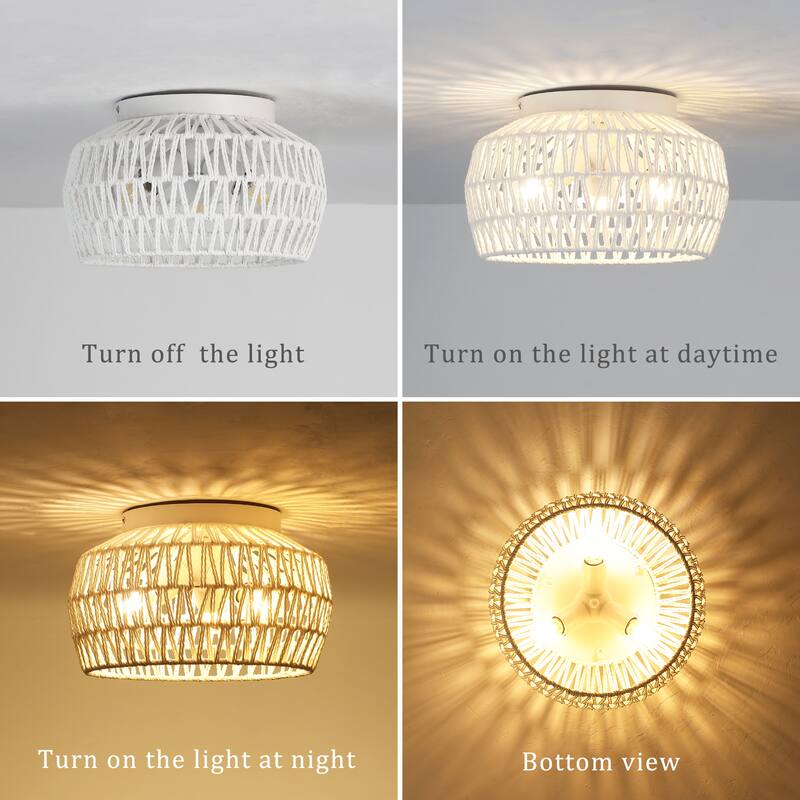 3-Light Rattan Semi Flush Mount Chandelier for Hallway Entryway Dining Room