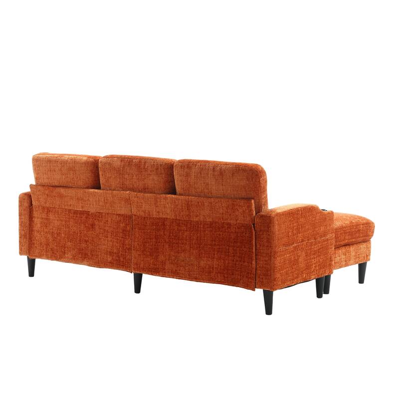 Modular Sectional Sofa with Storage Ottoman, Comfy Chenille Fabric Sofa, 3-Seater Sofa with Side Pockets & 2 Cup Holders