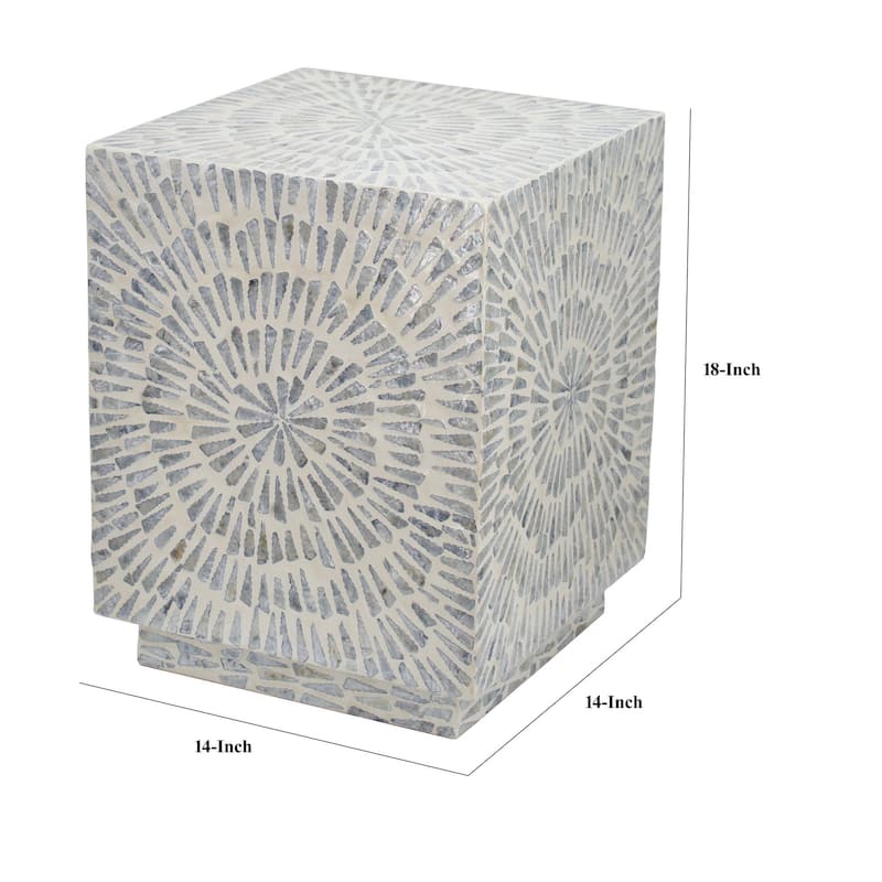 18 Inch Modern Capiz Accent Table Stool, Square, Gray Starburst Pattern
