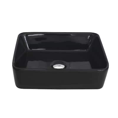 STYLISH 18.75"W x 14.5"D Glossy Black Porcelain Rectangular Vessel Sink