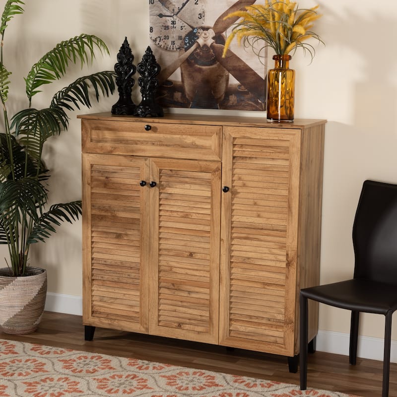 Coolidge Modern Shoe Storage Wood Cabinet with Drawer-Oak Brown