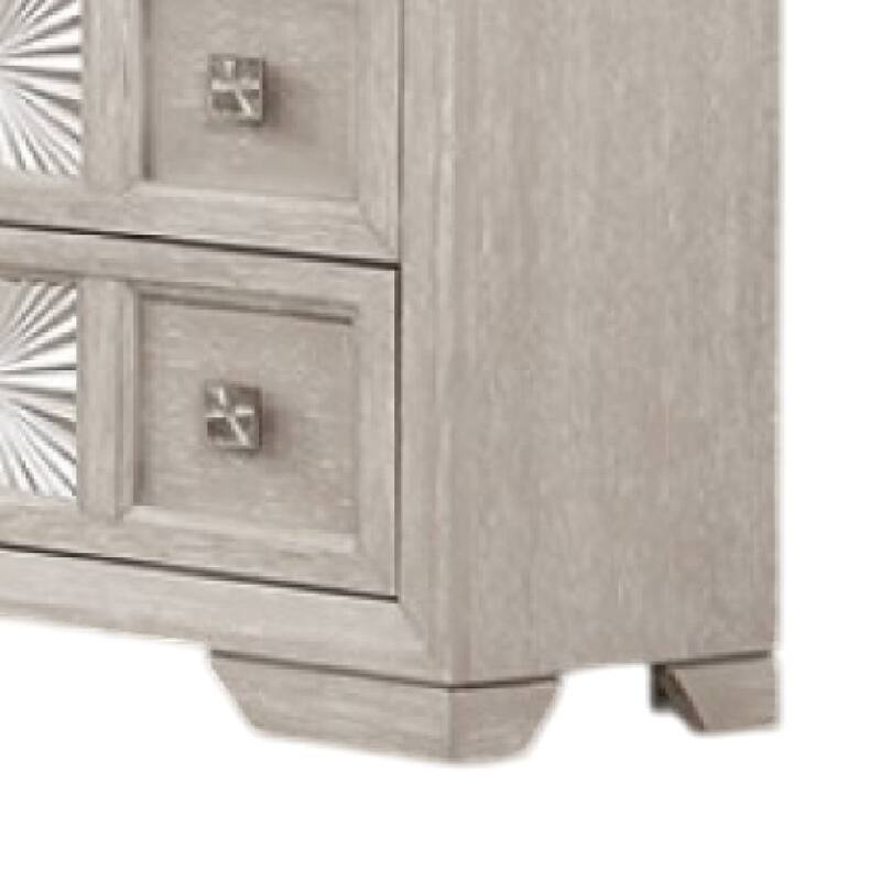 Diaz Wide Dresser, 6 Drawers, Sunburst Metal Design, Light Gray Wood