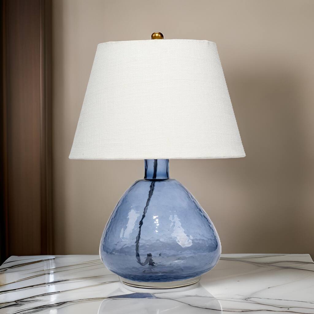 Navi 17 Inch Table Lamp, White Linen Drum Shade, Blue Glass Curved Body
