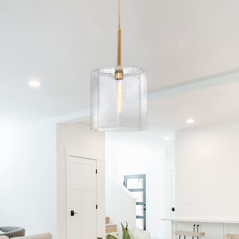 Haven 60 Watt 1-Light Old Satin Brass Geometric Pendant Light with Clear Rippled Glass Shade - 25.75