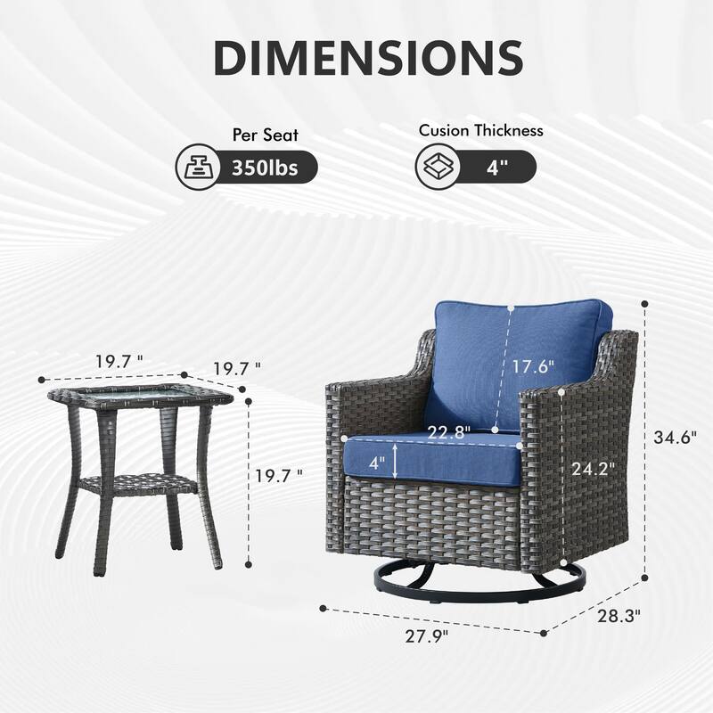 Meyreso 3-Piece Gray Wicker Outdoor Swivel Glider Chair Set with Side Table